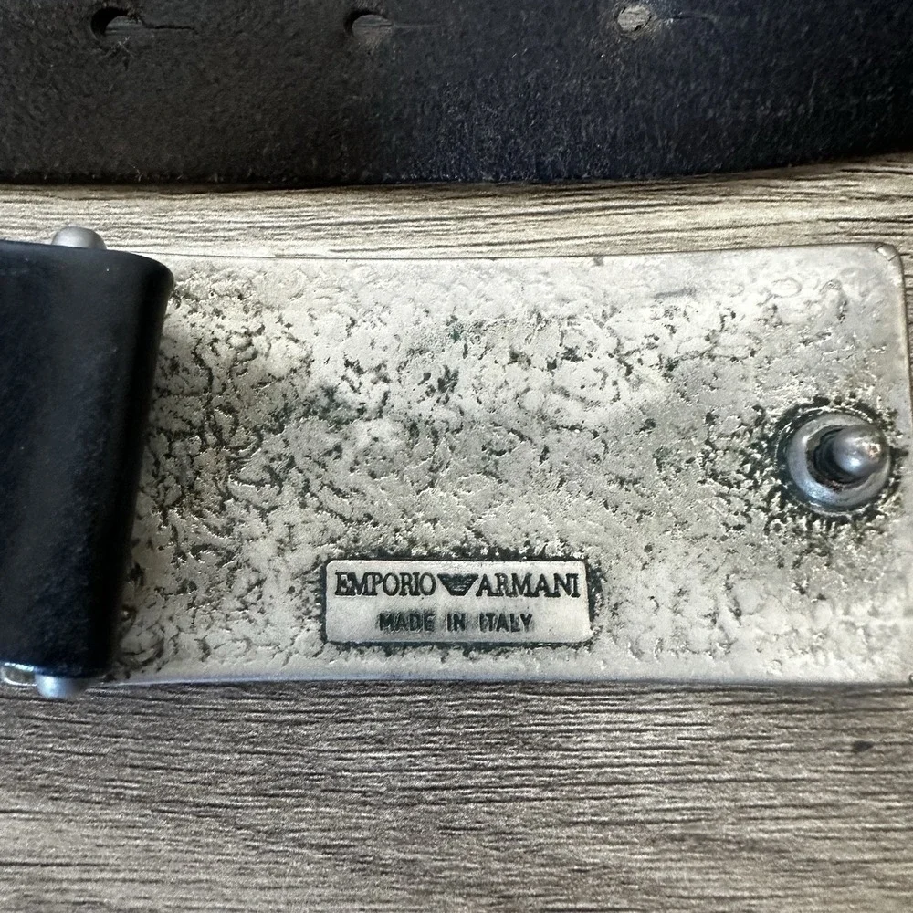Giorgio Armani Men's Leather Belt With Silver Tone Buckle Engraved Logo 39 Inch
